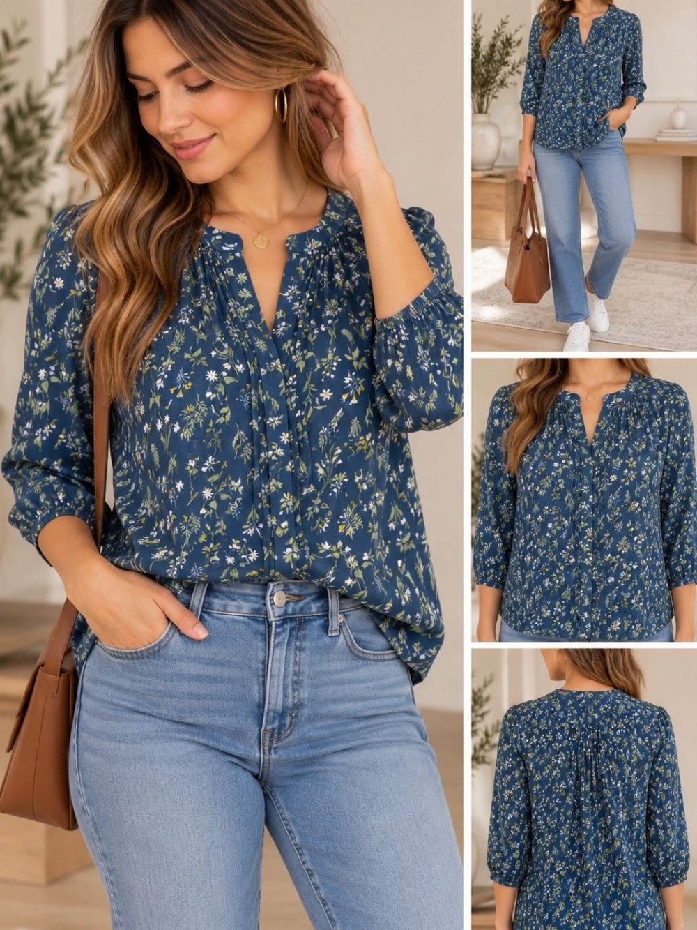 Jachs Girlfriend Blue Floral Split-Neck Peasant Blouse Size S